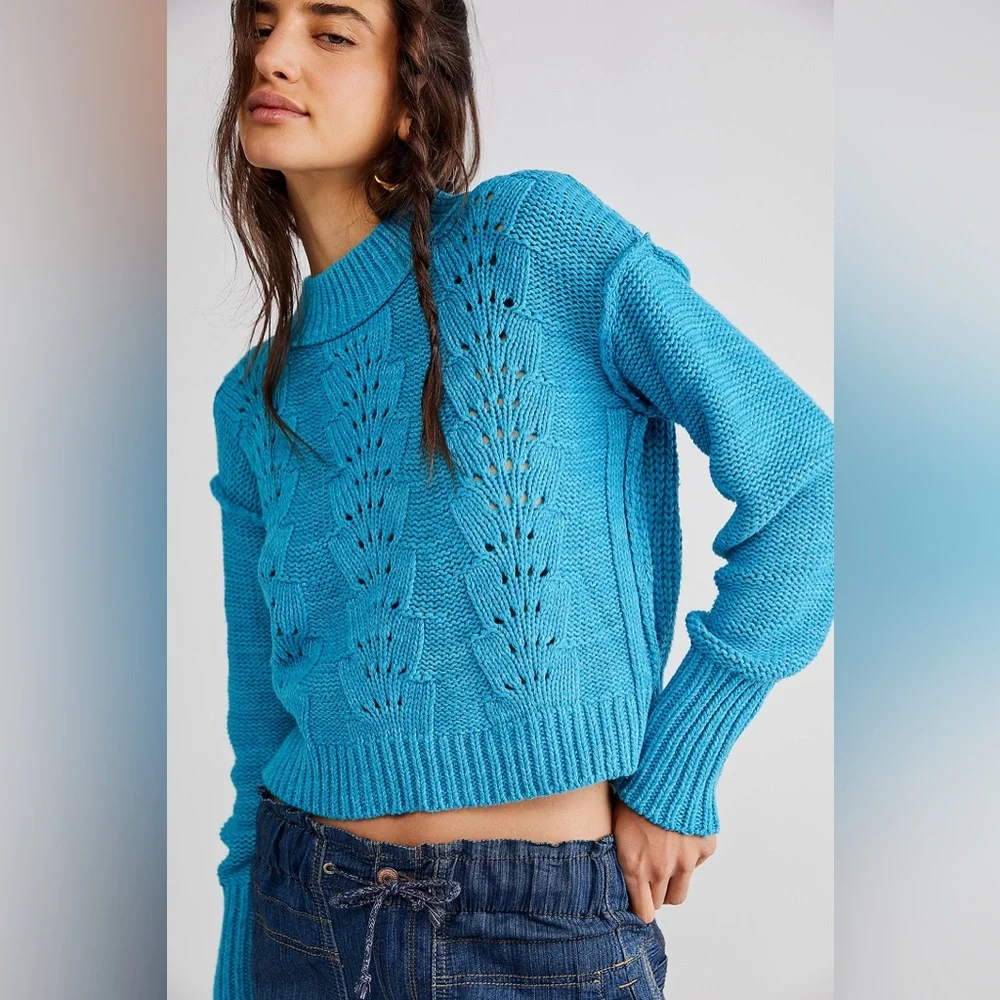 NWOT Free People Bell Song Blue Pullover Boxy Cropped  Knit Sweater Size XS